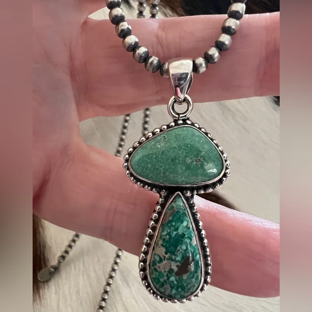 ❤️ White Water Turquoise Sterling Navajo 2 Stone Pendant 1.69” L - 6.2 Gram - Picture 7 of 12
